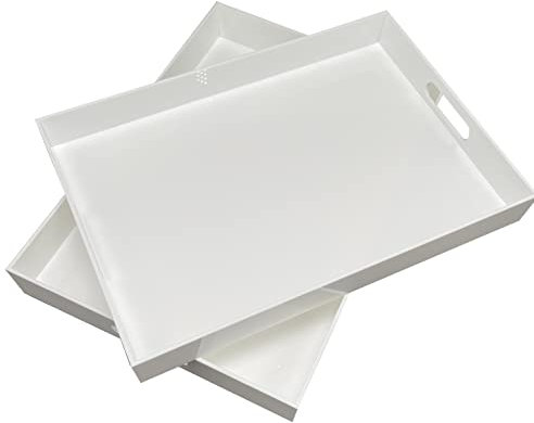Bandeja de plástico acrílico con asas – Bandeja rectangular grande – Desayuno, té, café, alimentos, bebidas, – Juego de 2: 42 x 30 x 5 cm y 40 x 28 x 4,3 cm (blanco)