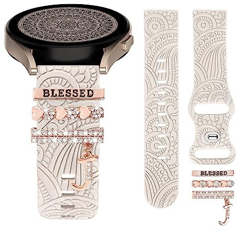 TOYOUTHS Floral Gravierte Armband Mit Dekorative Charme Kompatibel Mit Samsung Galaxy Watch 7/6/5/4/Active 2 40mm 44mm, 20mm Frauen Boho Sport Silikon Armband für Classic/FE, Beige/J
