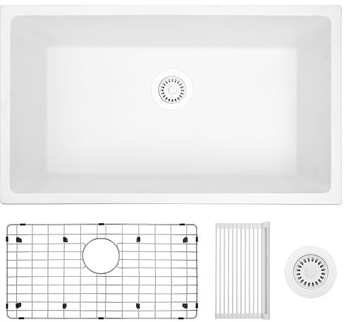 MILOSEN Fregadero de cocina blanco de montaje inferior, fregadero de cocina de un solo tazón de 31 x 18 pulgadas, fregaderos compuestos de granito, fregadero de cuarzo grande y profundo de 9 pulgadas