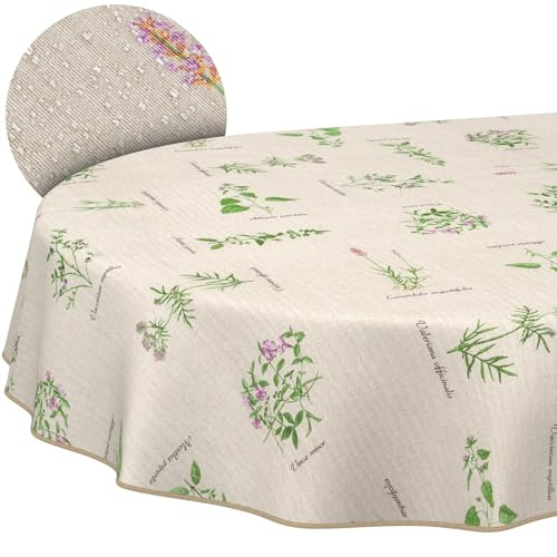 ANRO Tischdecke abwaschbar Aromatic Bio mit Saum oval 240x140 cm | mit Saum eingefasst – waschbar bei 30 °C – ideal für Garten, Terrasse & Esszimmer – Gartentischdecke wetterfest