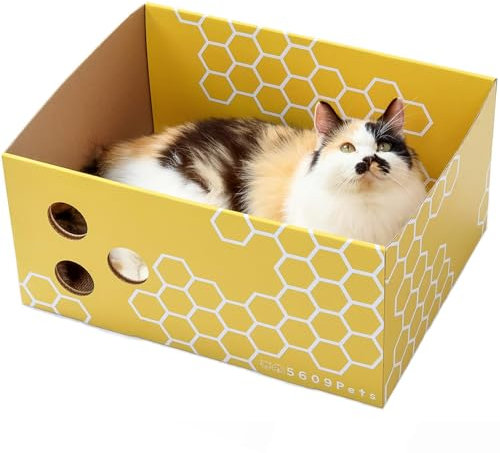5609PETS Caja rascadora de cartón extragrande con hierba gatera (17.1 x 13 x 8.25 pulgadas), divertida y bonita caja rascadora para gatos para los amantes de las mascotas, cama de cartón resistente
