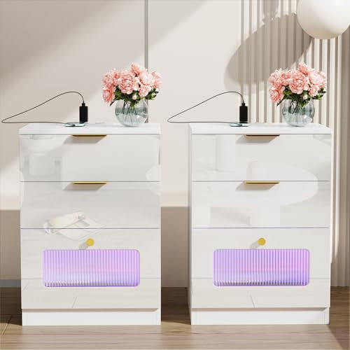 PIPIPOXER 2er Set Nachttisch mit Steckdose & USB, Nachttisch Weiß, Nachtkommode mit 2 Schubladen Kommode Nachttisch LED mit 2 Schubladen Nachtschrank Tisch, Beistelltisch für Wohnzimmer, 45x35x65cm