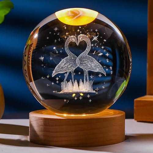 Cadeau flamant rose 3D pour femme – Boule de cristal de 60 mm – Figurine de flamant rose décorative en verre pour chambre d'anniversaire, presse-papier