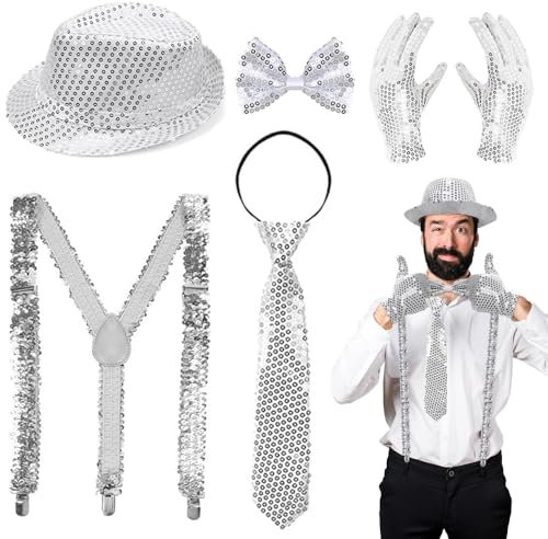 ZDQC 5 Stück Karneval Kostüm Herren Glitzer,Glitzer Kostüm Herren,Disco Glitzer Kostüm Herren 80er,Pailletten Hosenträger und Fliege,Kostüm Glitzer Und Glamour Herren,Glitzer Outfit Set (Silbrig)