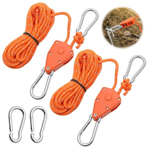 2 Pezzi Cricchetto per Corda 4M, Corda Cricchetto con Gancio Arancione 1/8 con 2 Moschettoni di Ricambio in Metallo, Cricchetto a Corda Regolabile per Lampada da Pianta, Tenda, Escursioni