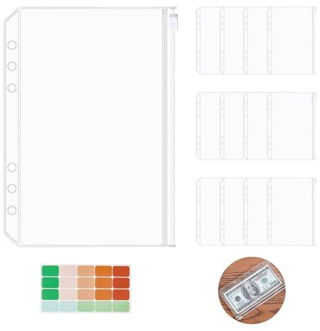 YIWONFU 12 Stück A5 Binder Taschen, 6 Löcher Durchsichtige PVC Bindertaschen mit 1 Klebeetiketten, Reißverschluss Lose Blätter Taschen für A5 Notebook-Binder Dokumente Notizbücher Karten