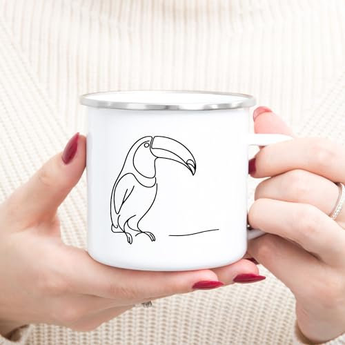 Campingtasse Line Art Vogel-Ornithologist Tukan Kaffeetasse Emaille Tasse 300 ml (000137)