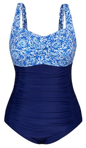 Hanna Nikole One-Piece Swimsuit Plus Sizes Flower Sunflower V-Neck One-Piece Swimsuit for Chubby Women Blue White Porcelain 18