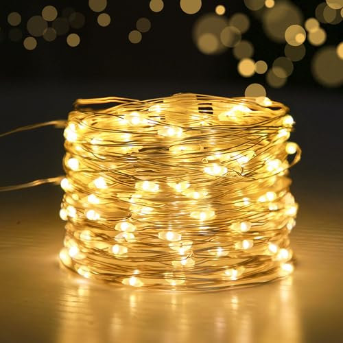 iJiGui 1 Pezzi Stringa Luci Led a Batteria, 10 Metri 100 Led Rame filo Fata Luci Lucciole a Batteria Impermeabili, per Interni e Esterni, Feste, Giardino, Natale Decorative, Matrimoni, Bianco Caldo
