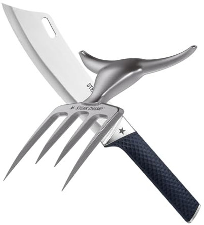 Steak Champ BBQ Pro Kochmesser 22 cm und Bull Fork Fleischgabel 16,5 cm Bundle: Messer aus hochwertigem Klingenstahl, Tranchiergabel aus Zinklegierung, German Innovation Award
