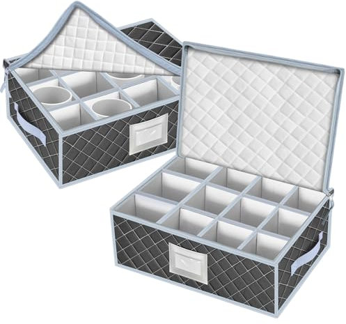 VERONLY Mug and Cup Storage Box with Dividers - 2 Pack China Storage Bin Containers Holds 24 Glassware, Stackable Coffee Mug Organizer Bin and Tea Cup with 2 Metal Zipper,Label and Handles (Grey)