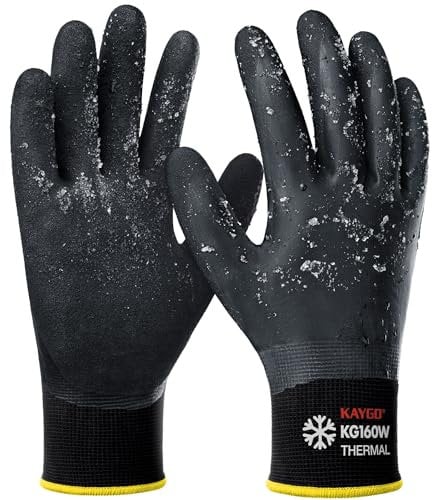 KAYGO Waterproof Thermal Work Gloves with Insulated Warm Liner Double Latex Coated, Non-Slip Grip for Freezer Storage Cold Weather Winter Outdoor Gardening Snow Shoveling, KG160W (Black, XL, 1 Pair)