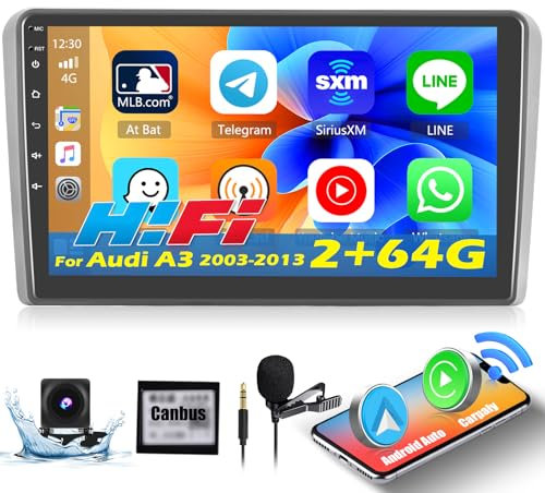 Ohradio 2+64GB Android 15 Radio Coche para Audi A3 2003-2013 con Carplay inalámbrico y Android Auto inalámbrico, 9 Pantalla Táctil 2 DIN, WiFi, HiFi, GPS, BT RDS/FM SWC+Cámara Trasera+Mic