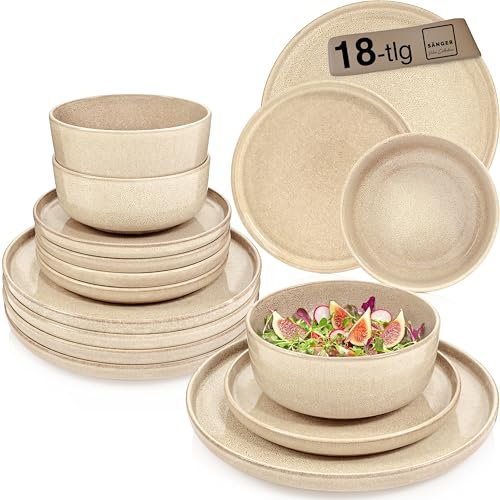 SÄNGER Kairo Mocha | Tafelservice 18 teilig, Steingut Geschirr Set 6 Personen, 6x Speiseteller 6x Dessertteller 6x Schalen Geschirrset & Schale Beige, Teller Set, Tiefe Teller VALUE COLLECTION