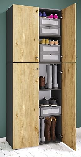 VCM Schuhschrank Anthrazit/Honig-Eiche 70x40x184 cm 4 Türen 5 Fächer | Schafft Übersicht über die gesamte Schuhsammlung - in Flur oder Ankleide - für Familien - Holzwerkstoff
