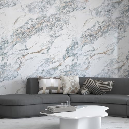Adrmpest AP1215MLG White Blue Gold Liquid Marble Wallpaper Peel and Stick