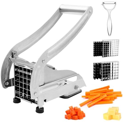 paxlloonge Pommesschneider mit Rutschfestem Vakuumsaugfuß Kartoffelschneider Scheiben Gemüseschneider inkl. 2 Edelstahl-Einsätzen und 1 Schälmesser für perfekte Pommes Frites & Gemüse Schneiden