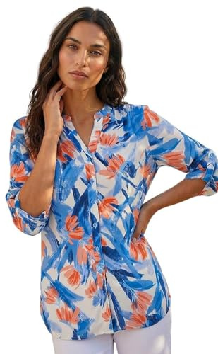 Roman Originals Shirt Top for Women UK Ladies Collarless Blouse Smart Tunic Button Through Longline Asymmetric Hem 3/4 Length Roll Up Sleeves V Neck Going Out - Blue Floral - Size 12
