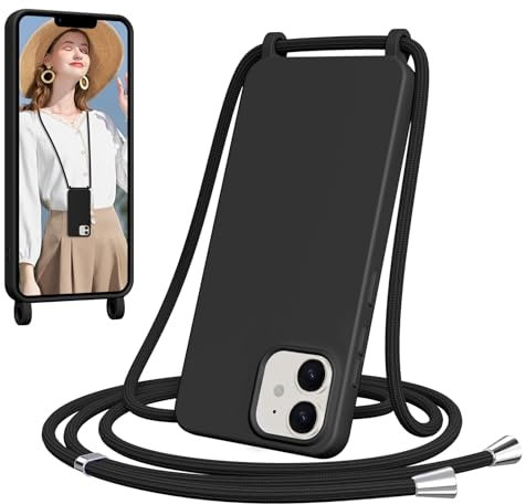 Woijrly Coque pour iPhone 12 Mini avec Cordon, Collier Étui Silicone avec Tour de Cou Lanière Corde Bandouliere Case, Réglable, Amovible Chaine, Antichoc Bumper Housse, Noir