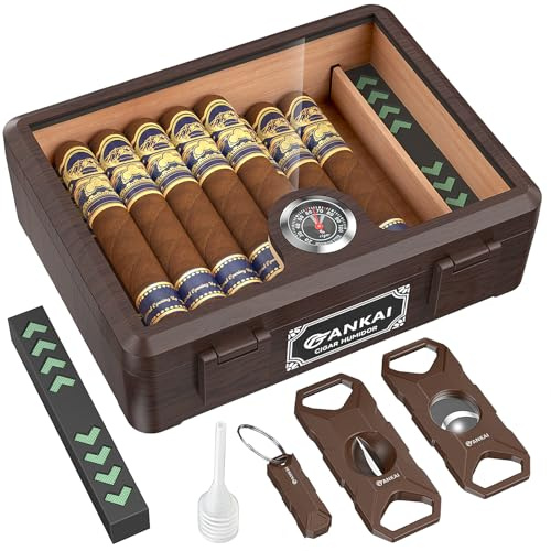 Cave à cigares, étui à cigares avec couvercle en verre, coupe-cigares droit et guillotine, outil de coupe en V, intérieur en cèdre espagnol, boîte de rangement incassable avec humidificateur et hygrom