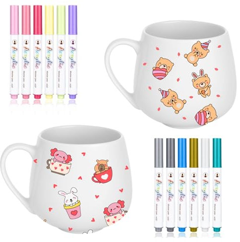 2 tazas para pintar con 12 colores resistentes al agua, tazas de cerámica blancas para pintar, juego de pintura de cerámica para parejas, parejas, cumpleaños, bricolaje