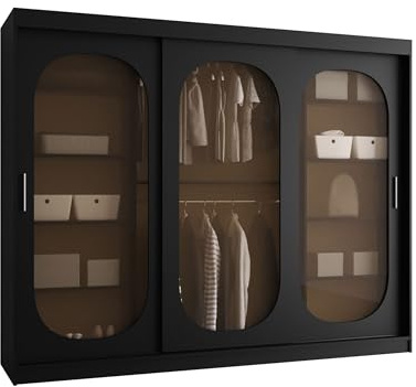 Mirjan24 Kleiderschrank Bimaza 250 mit Schubladen und Glastüren - Rauchglas, Schiebetürenschrank mit einlegeböden und Kleiderstange, Garderobenschrank (Schwarz, ohne Beleuchtung)