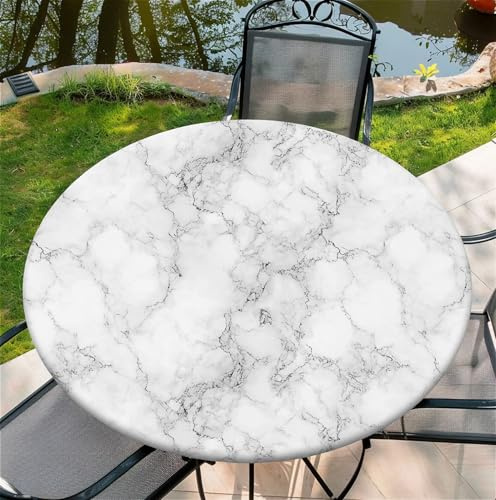 Outdoor Runde Tischdecke mit Gummizug Ø 36in-90cm- Elastisch Garten tischdecke mit Weißer Marmor Muster Passend für 75cm-85cm