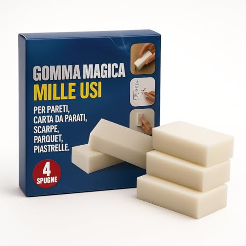 Set 4 Pezzi Spugna Magica Multiuso – Gomma Magica per Pareti, Carta da Parati, Scarpe, Parquet, Piastrelle – Pulizia Senza Detergenti, Efficace su Macchie e Aloni