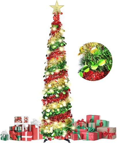 150cm arbol de Navidad Plegable,con strella Superior y 5 m de Luces de Hadas,Montaje rápido, Plegable, Decoraciones navideñas para casa, Chimenea, Oficina, Tienda, Hotel, Lentejuelas tricolores