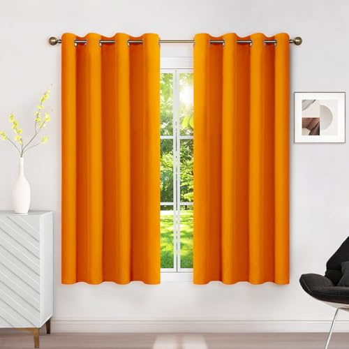 Runyéla Verdunklungsvorhänge mit Ösen Gardinen 2er Set, Thermovorhang Hitzeschutz H 140 x B 120, Vorhänge Blickdicht Kurz Orange, Ösenvorhang für Schlafzimmer Wohnzimmer Blackout Curtain