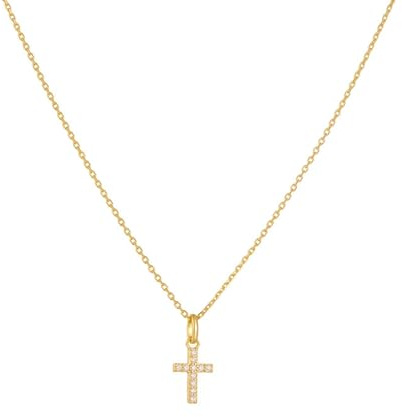 Tolldek Echtgold Schmuck Damen Halsketten Modern 9 Karat Gelbgold 375, Damenkette Anhänger Kreuz mit Labor Erstellt Diamant Brillantschliff Weiß, 9K Gold Kette Frauen, 40+5