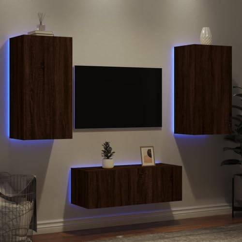 HETFTJN 4 TLG Wohnwand mit RGB LED Beleuchtung Braun Eiche Holzwerkstoff TV Lowboard Wandmontage 30 5x35x30 40 5x35x80 60x35x31 cm für Wohnzimmer Büro und Flur