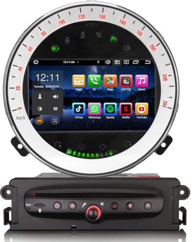 GONFEN 4GB RAM+64GB ROM Android 14 Autoradio für BMW Mini Cooper R56 R55 R57 mit GPS Navigation Bluetooth Kabelloses Carplay Android Auto Touchscreen WiFi 4G DAB+ DVD DSP SWC