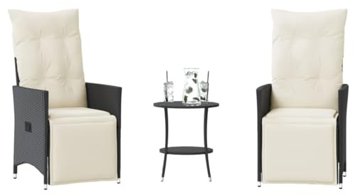 Yunovire 3-TLG. Bistro-Set mit Kissen, Schwarz, Poly Rattan für Garten, Balkon, Terrasse, Verstellbare Relaxsessel, UV-beständig, Robustes Outdoor-Möbelset