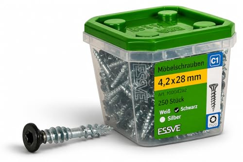 ESSVE möbelskruvar 4,2 x 28 mm – träskruvar med dekorativt halvrundhuvud, TX-drift, för möbeltillverkning, kropp och inredning, för MDF-spånskiva, 250 stycken
