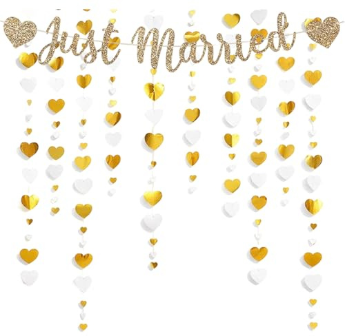Just Married Deko, Just Married Girlande Hochzeit, Festliche Hochzeitsdekoration für Auto, Zeremonie und Feier, Champagner Gold Banner 1 Stück mit 4 Meter Gold Weiß Herz Girlande