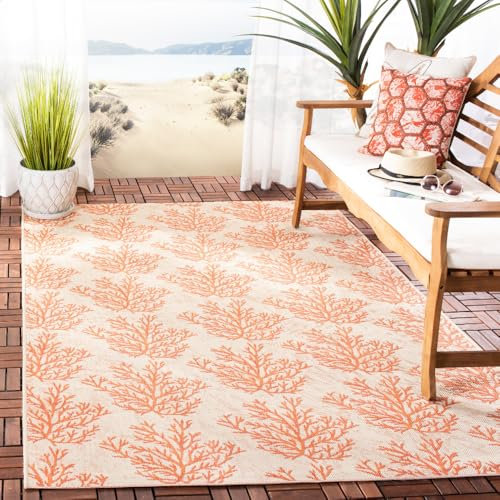 SAFAVIEH Washable Rug Outdoor Courtyard Collection - 6'7 x 9'6, Beige & Terracotta, Non-Shedding & Easy Cleaning, Ideal for Patio, Backyard, Mudroom (CY6210-231)