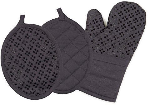 Oven Mitt and Pot Holders Silicone Set of 3, Non-Slip Kitchen Hot Pads and Oven Mitts Set, Oeko-Tex 100% Cotton Shell, Gray