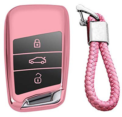 M.JVisun Doux TPU Clef Coque Porte-clés pour Volkswagen Arteon Atlas Golf Alltrack Jetta Passat Pour Tiguan Pour Skoda Kodiaq Superb A7 Intelligent Clé de Voiture - Brillant Rose - Tressé Porte-clés