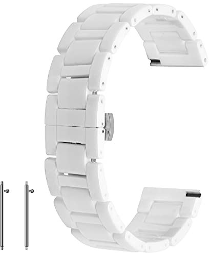 Kai Tian 20mm Weiß Keramik Uhrenarmband Quick Release Armbanduhr für Damen Herren Schnellverschluss Uhrarmband Faltschließe Armband für Frauen Männer