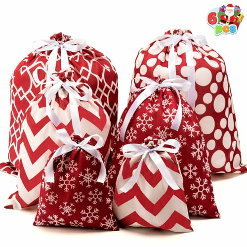 JOYIN 6 Stück Weihnachten Stoff Geschenksack, Geschenk Weihnachtssack Rote elegante Farbe mit 3 Größen für Weihnachten Weihnachtsmannsack Geschenke