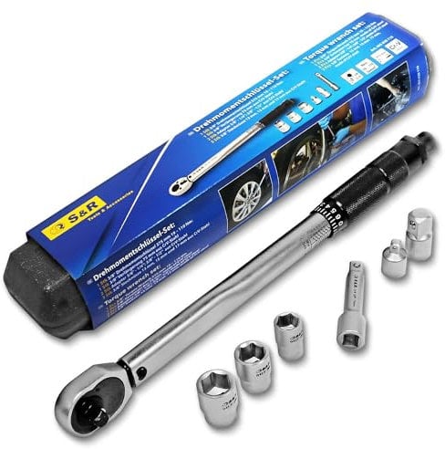 S&R Llave Dinamométrica 3/8 (19-110 Nm) Adaptadores 1/2 y 1/4. Juego Llave de Torsión con Tuercas (13,15,17 mm) y Extensión de 7,5 cm. Llave Ruedas Coche en Acero CR-V Ultra Resistente
