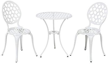 Trueshoppping White Cast Aluminium Outdoor Bistro Dining Set of 2 Chairs & Round Table - Outdoor Garden Furniture for Patio, Terrace, Decking - Durable, Weather Resistant & Rust Free