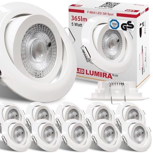max K O M F O R T 12x LED Einbaustrahler Ultraflach 5 Watt Weiß schwenkbar 230V Rund warmweiß Deckenstrahler Spot Deckenspot „GS-zertifiziert durch TÜV SÜD“ Lumira