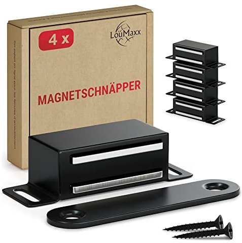 LouMaxx Aimant Porte Placard Fort- Force de Maintien 6kg - Lot de 4 en Acier Inoxydable Noir - Aimants Cuisine - Fermeture de Porte Magnétique – Fermeture Aimantée Magnétique pour une Forte Tenue