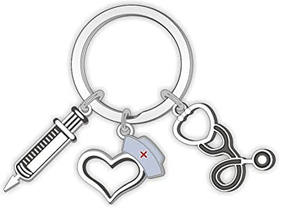 ARFUKA Schlüsselanhänger Edelstahl Krankenschwester Spritze Stethoskop Anhänger Schlüsselringe Schlüsselbund Keychain Geburtstaggeschenke Silber