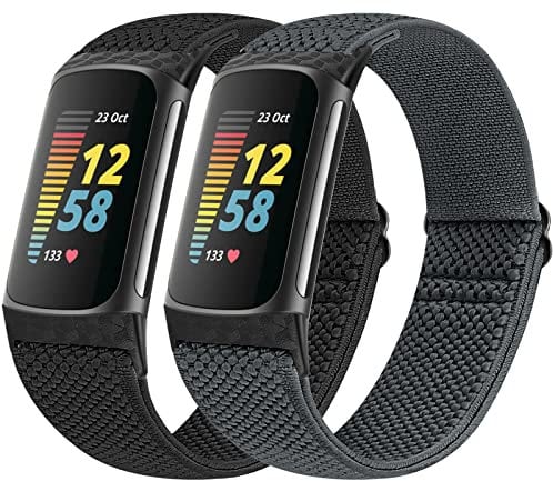 Vodtian Elastic Straps Only Compatible with Fitbit Charge 5 Strap, 2 Pack Stretchy Adjustable Nylon Loop Braided Replacement Sport Wristband for Charge 5 Activity Tracker Women Men
