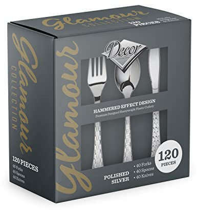 Decorline - Set de Vaisselle en Plastique Réutilisable et Résistant - 120 Pièces/pour 40 Personnes - Cuillères, Fourchettes et Couteaux Résistants, Ensemble de Couverts Glamours - Argent