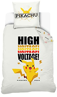 PIKACHU - Housse De Couette Pikachu High Voltage 140x200 cm + Taie D'oreiller Pikachu 63x63 cm - Blanc - 100% Coton