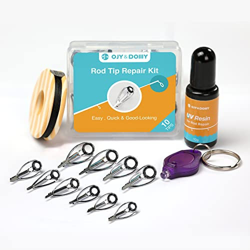 OJYDOIIIY Fishing Rod Tip Repair Kit with 10 Tangle Free Stainless Steel Rod Tip Eyelets and UV Curable Resin Finish
